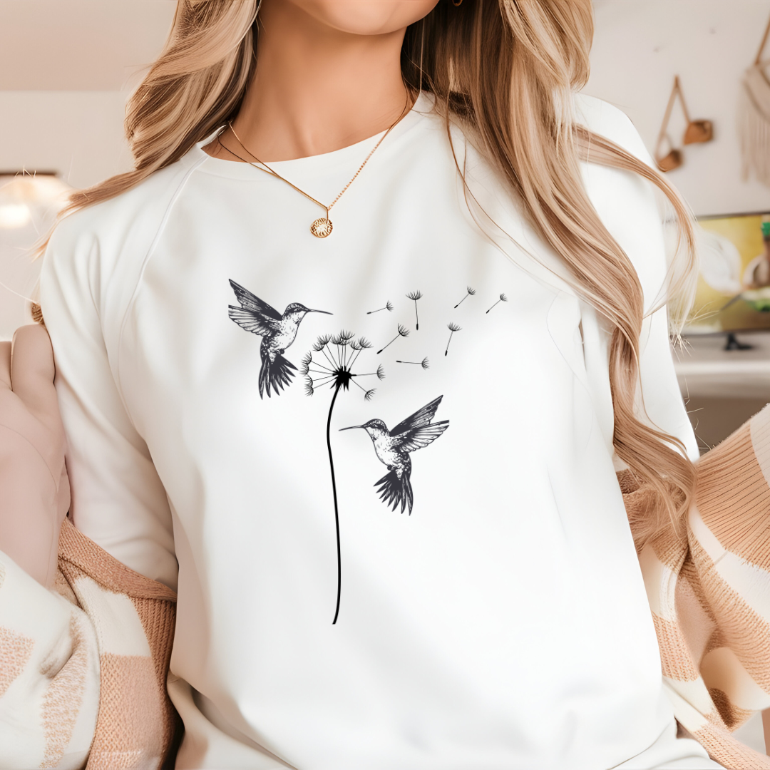 Serene Dandelion and Hummingbird Tee - Beautiful Nature Line Art Design