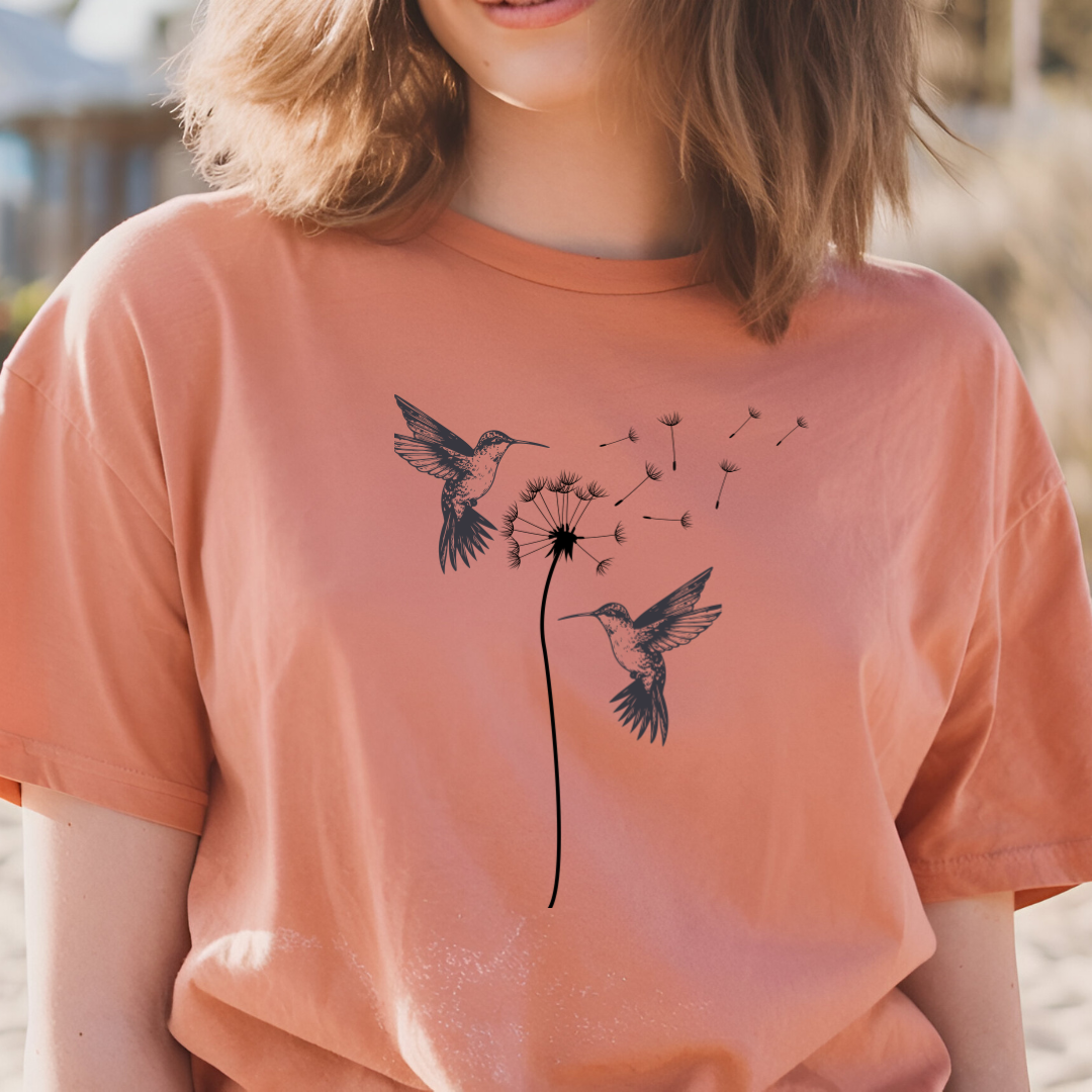 Serene Dandelion and Hummingbird Tee - Beautiful Nature Line Art Design