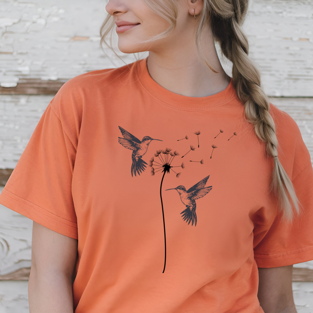 Serene Dandelion and Hummingbird Tee - Beautiful Nature Line Art Design