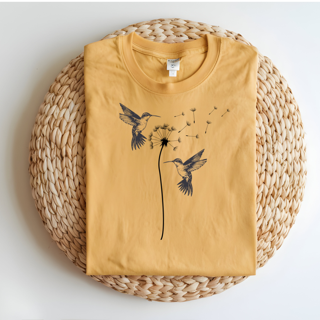 Serene Dandelion and Hummingbird Tee - Beautiful Nature Line Art Design