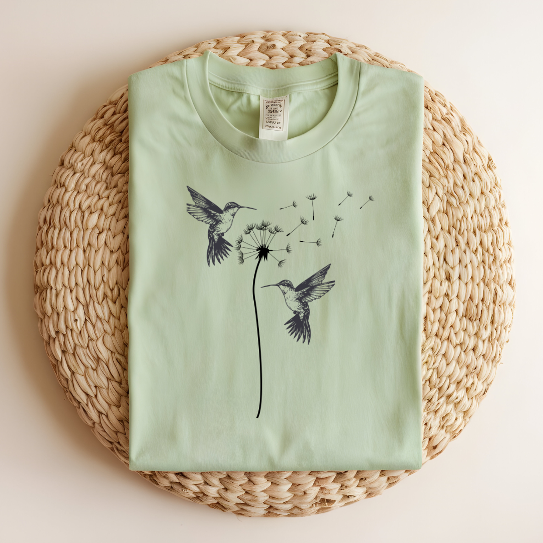 Serene Dandelion and Hummingbird Tee - Beautiful Nature Line Art Design