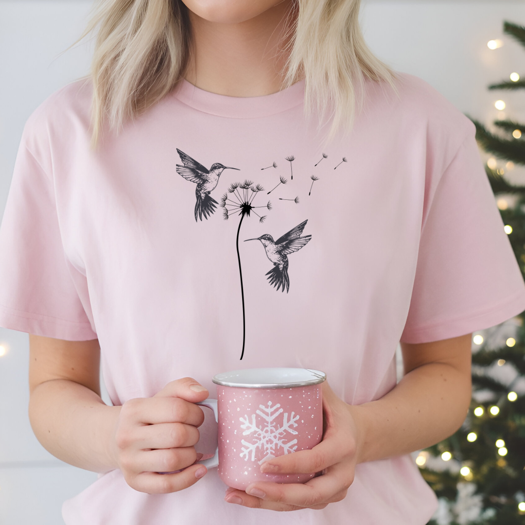 Serene Dandelion and Hummingbird Tee - Beautiful Nature Line Art Design