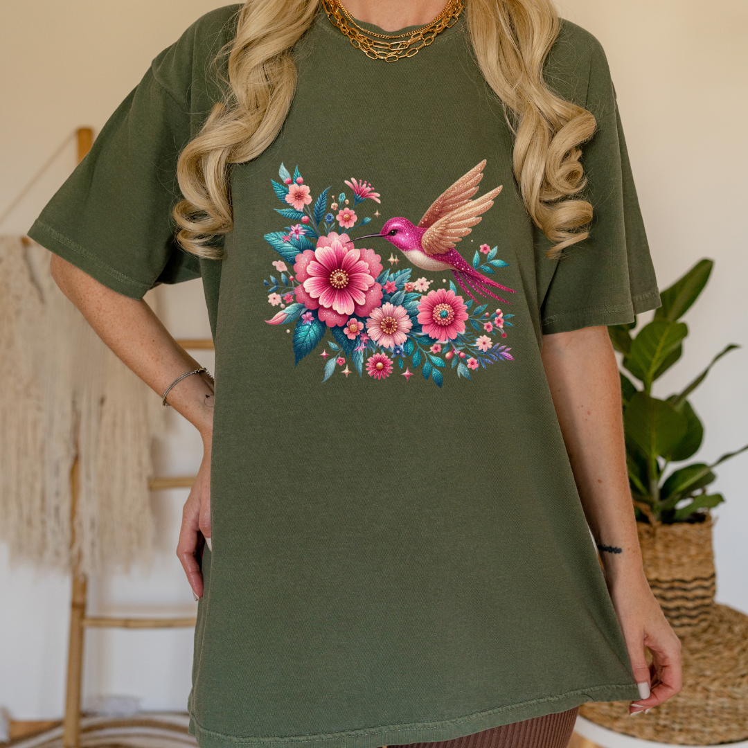 Graceful Hummingbird and Floral Graphic T-Shirt