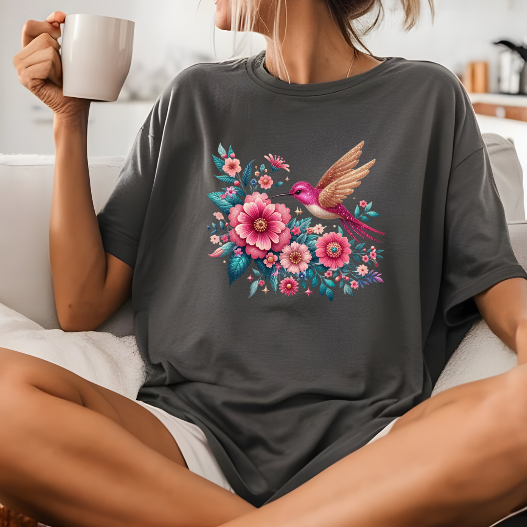 Graceful Hummingbird and Floral Graphic T-Shirt