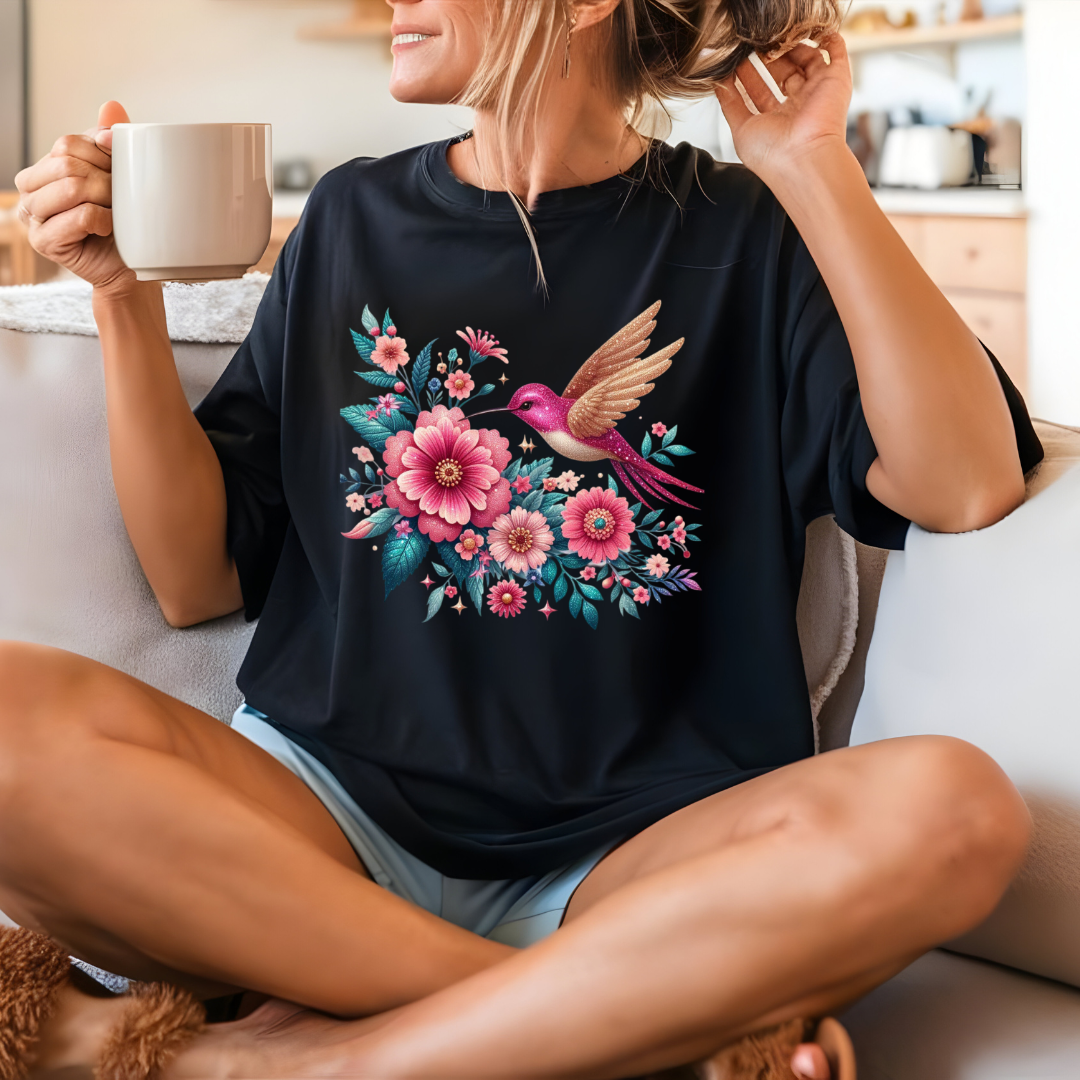 Graceful Hummingbird and Floral Graphic T-Shirt