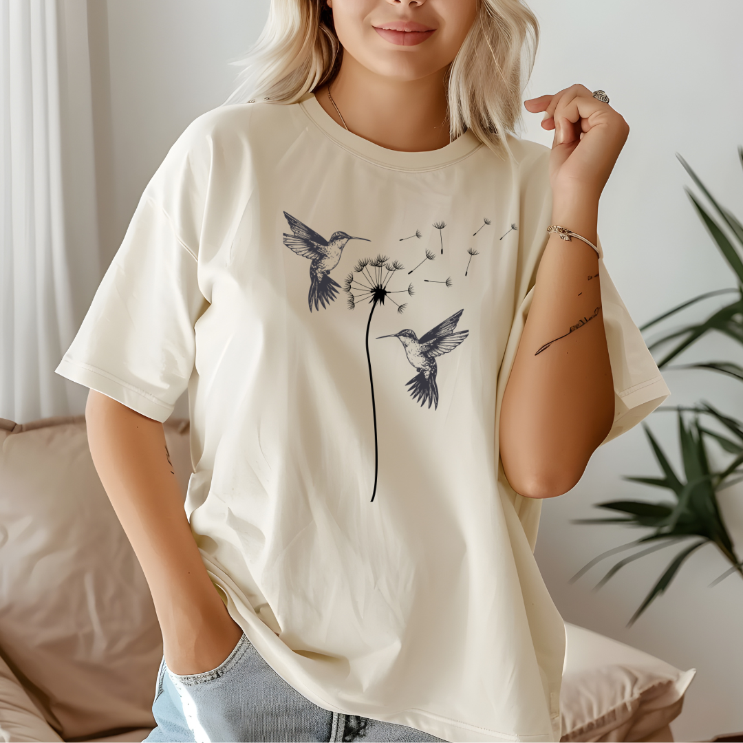 Serene Dandelion and Hummingbird Tee - Beautiful Nature Line Art Design