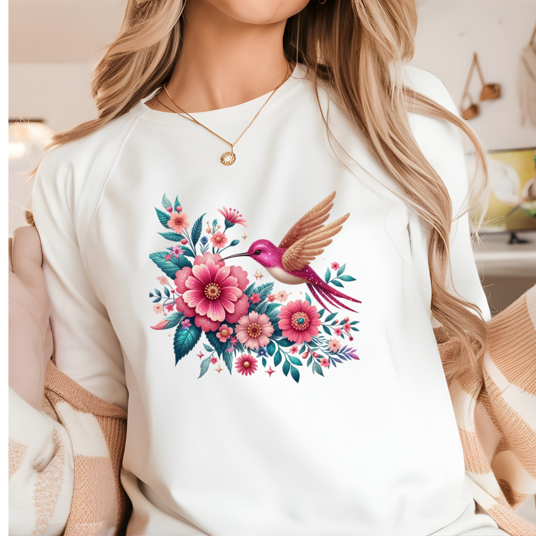 Graceful Hummingbird and Floral Graphic T-Shirt