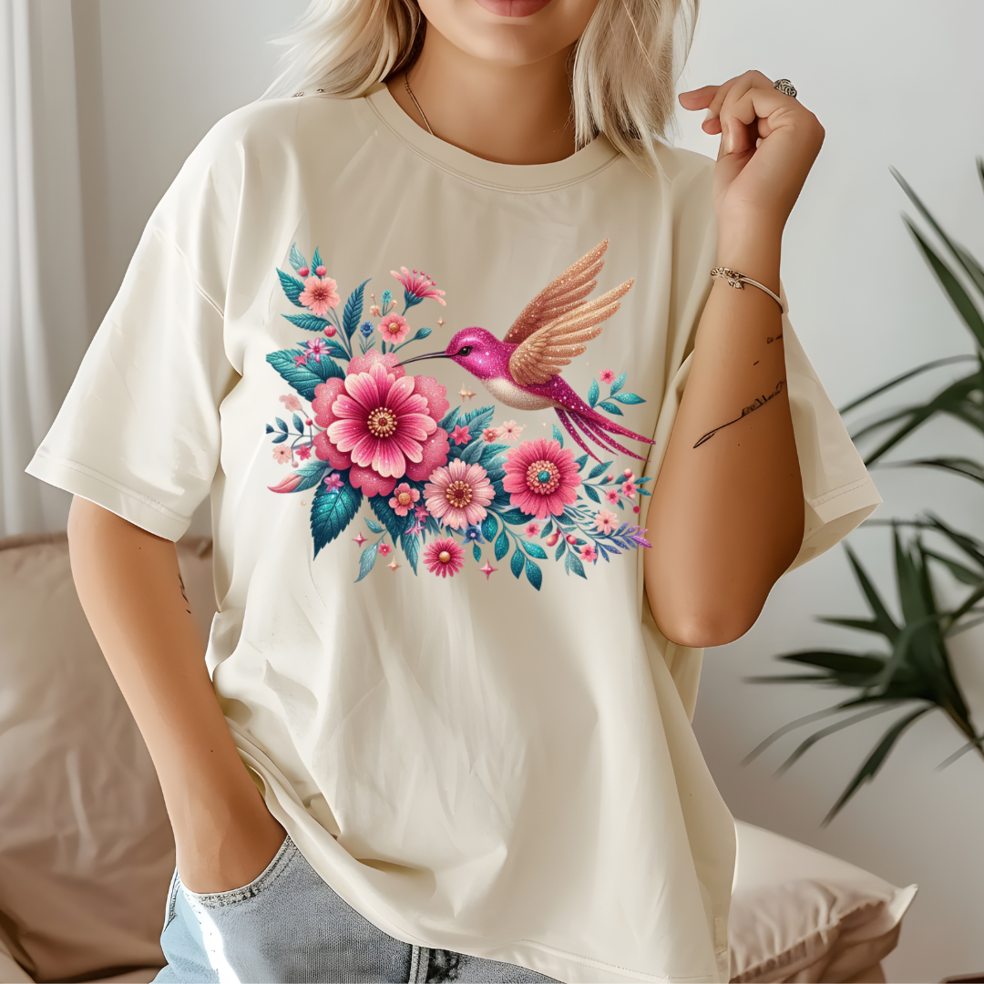 Graceful Hummingbird and Floral Graphic T-Shirt