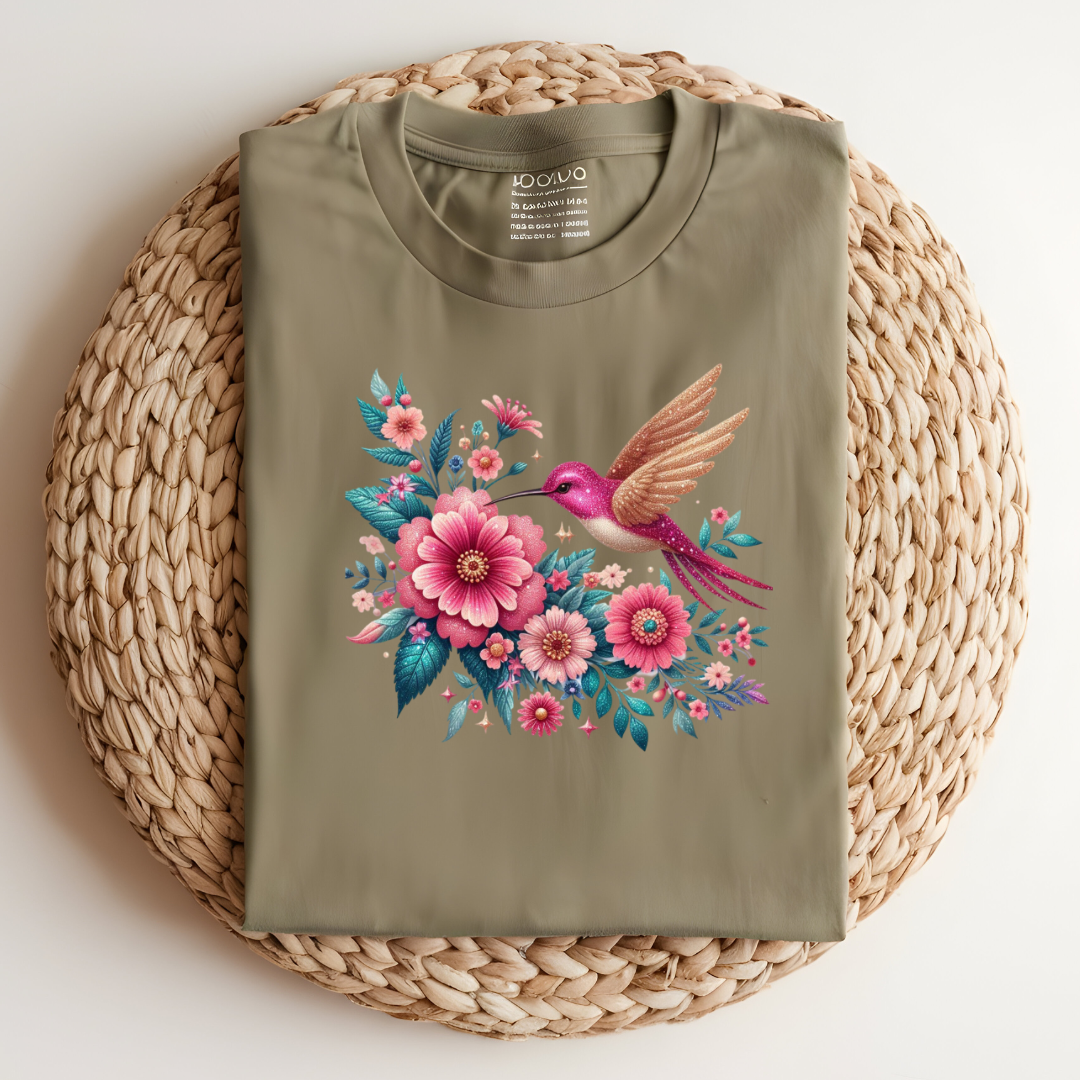 Graceful Hummingbird and Floral Graphic T-Shirt