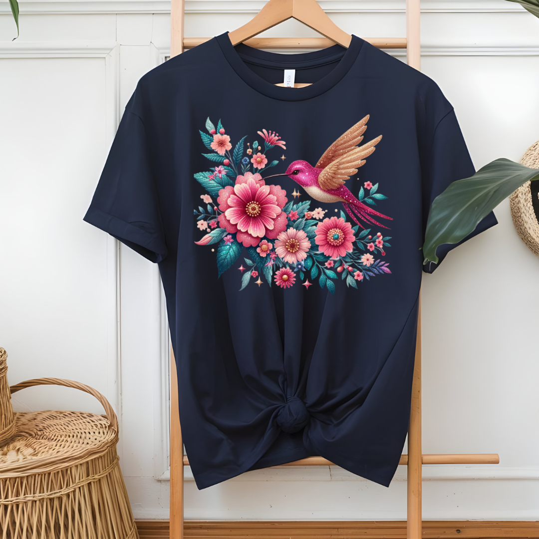 Graceful Hummingbird and Floral Graphic T-Shirt