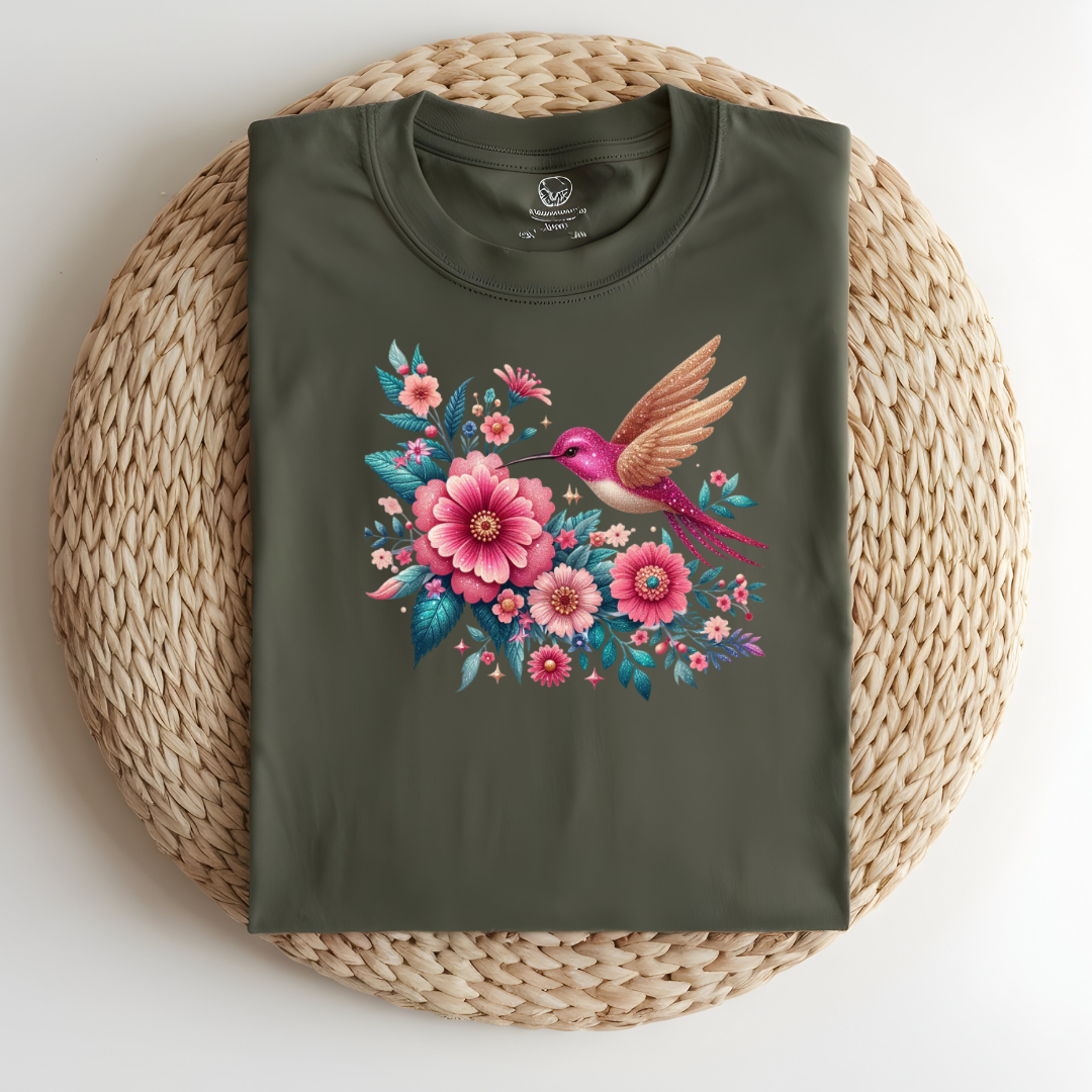 Graceful Hummingbird and Floral Graphic T-Shirt